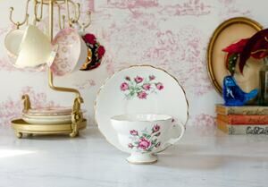 VTG Bone China Floral Rose Teacup Set Retro MCM English Countryside Cottage